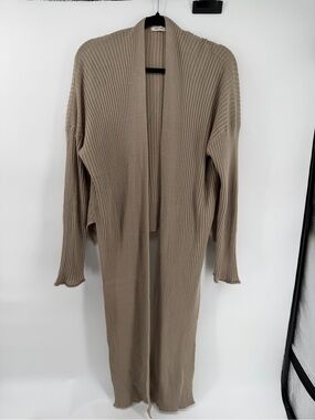 MOD REF Beige Taupe Ribbed Knit Long Duster Cardigan Open Front Sweater